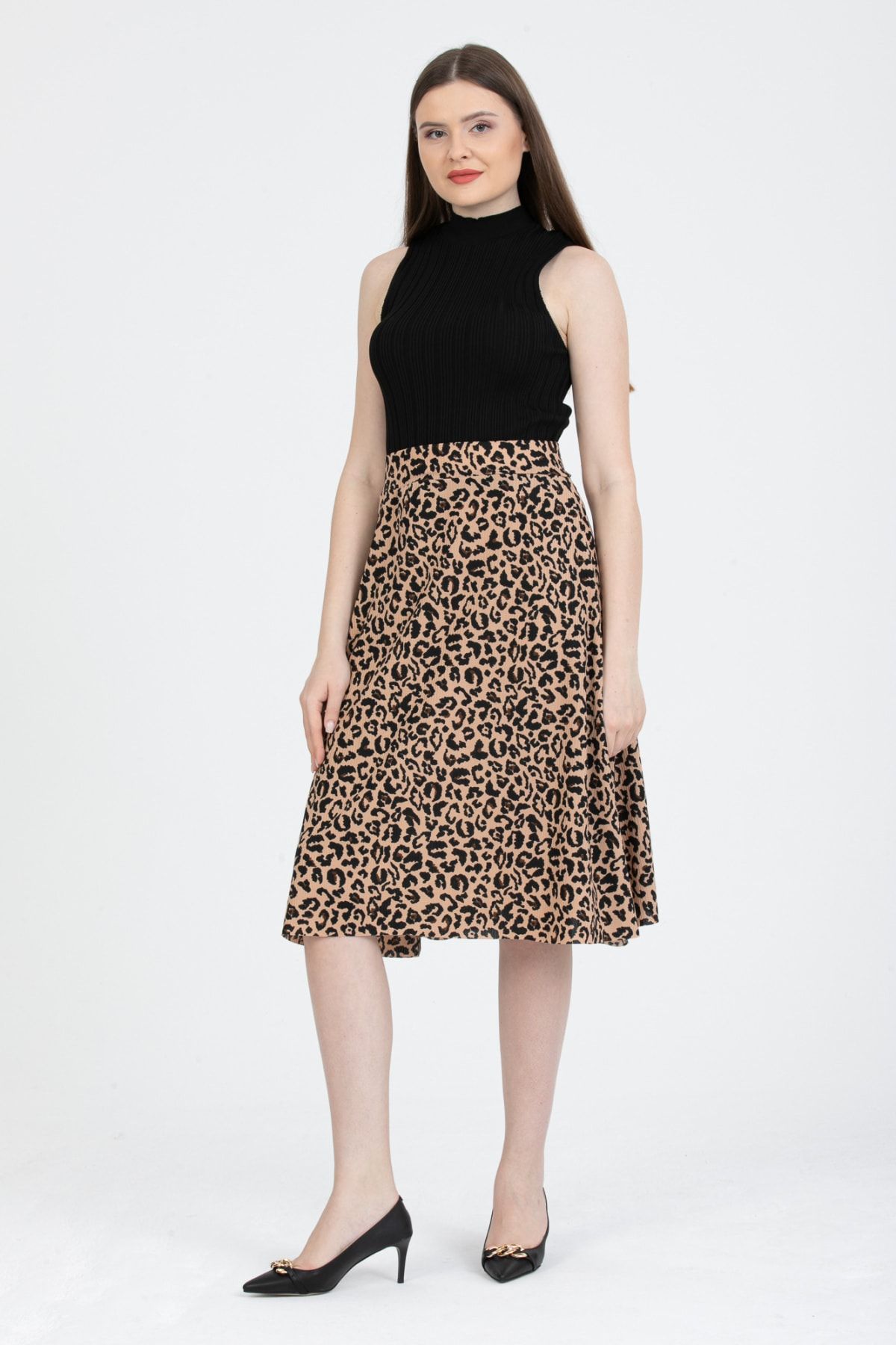 Gül Moda-Flared Midi Skirt with Elastic Waist Leopard Pattern G102-3 3