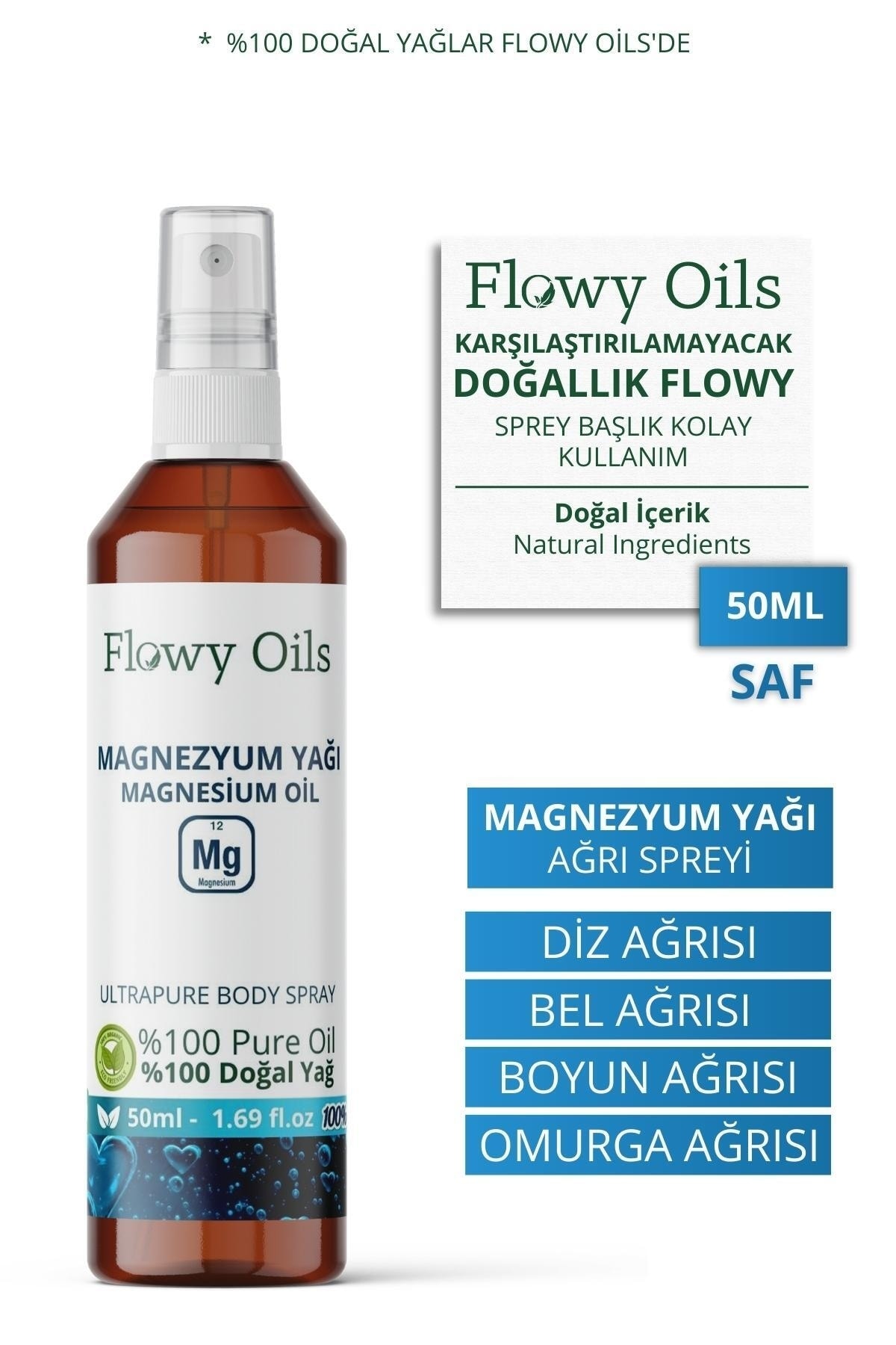 Flowy Oils Saf Magnezyum YağıDoğal Bitkisel Sprey Masaj Yağı Magnesium Oil 50ml