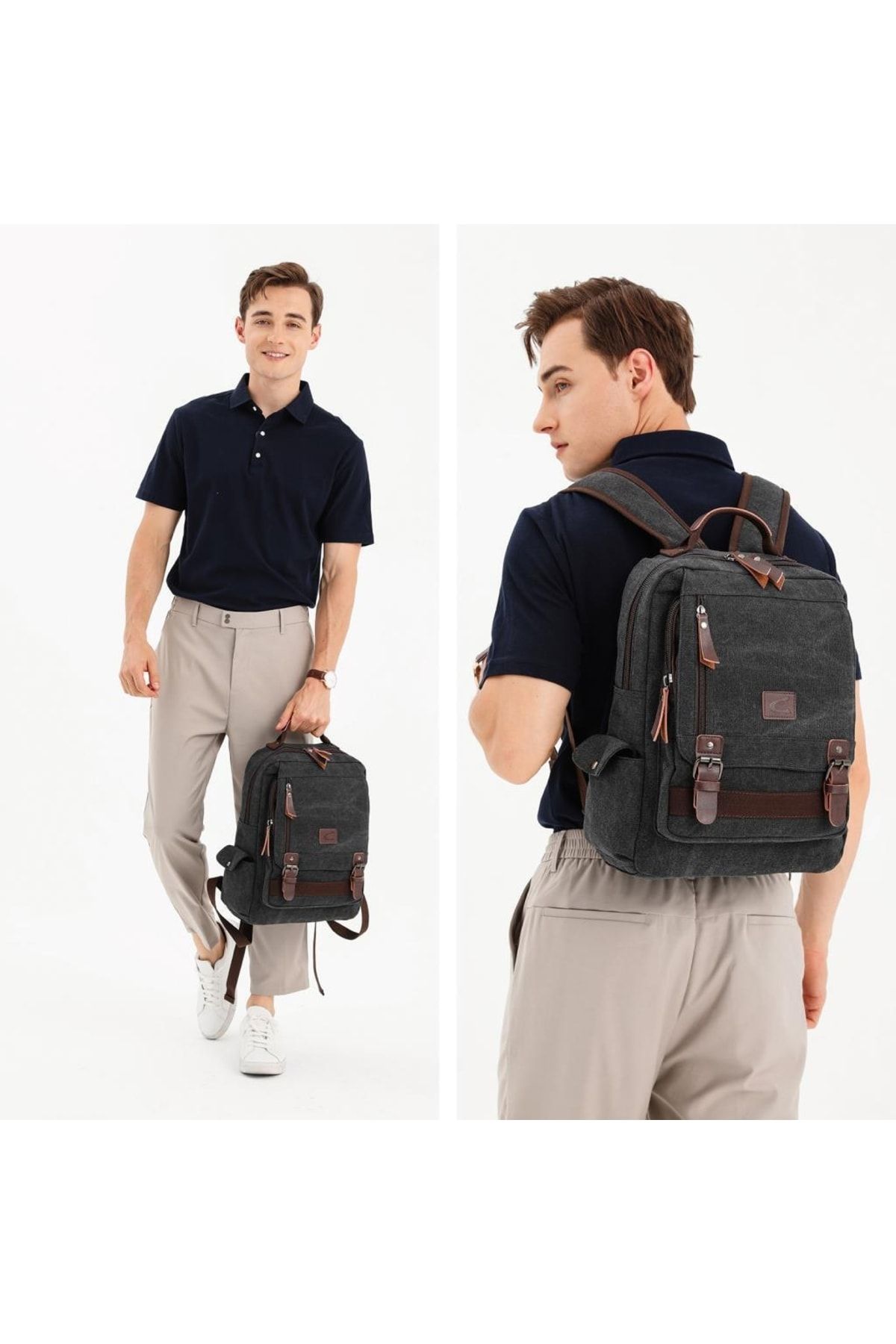 C-Active 1303 Büyük Boy Erkek Sırt Çantası Kanvas Kumaş - Bej
