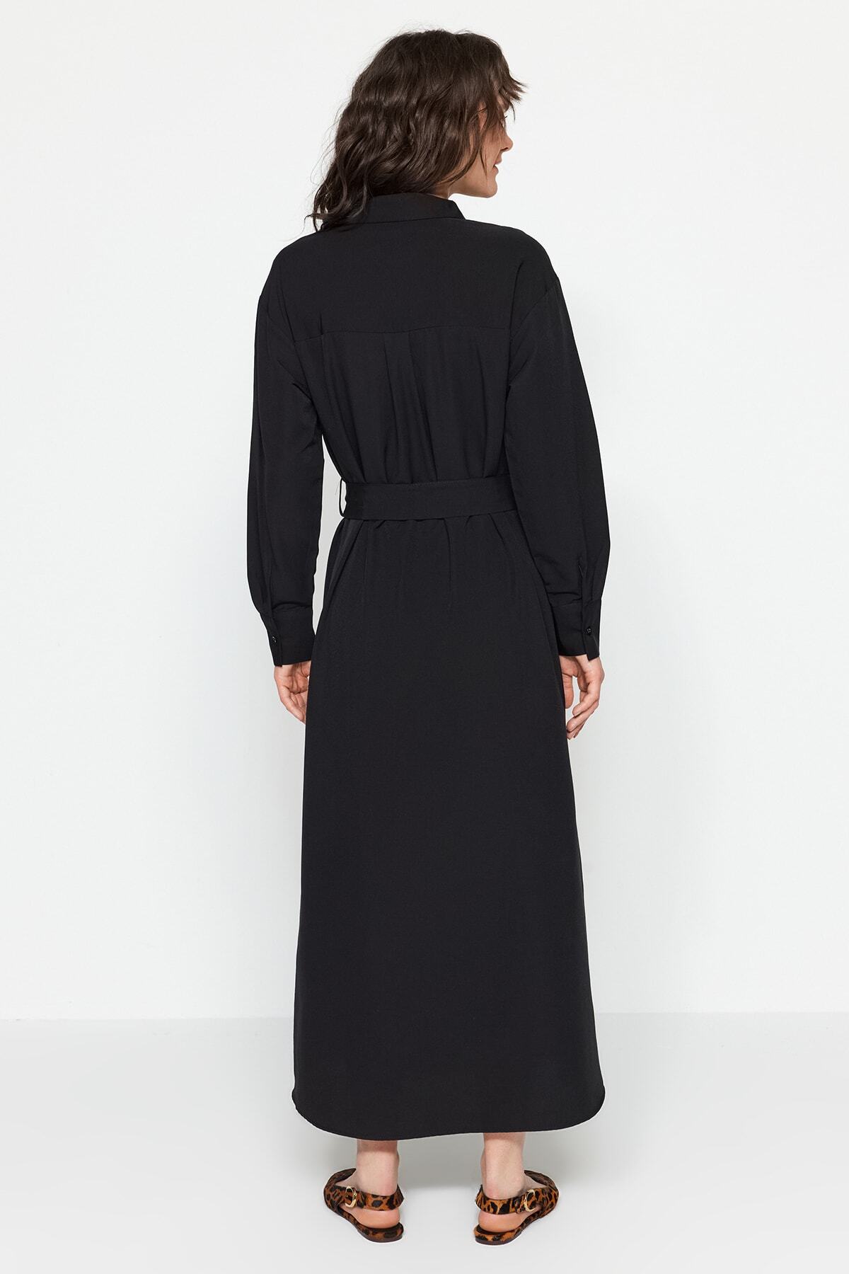 Trendyol Modest-Černý pásek s manžetou a manžetou, bavlněné tkané košilové šaty Tctss23Eb00072 2