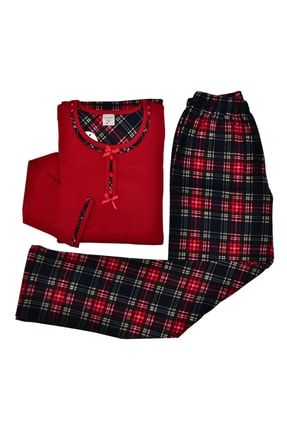 Kadın Kırmızı Kalın Interlok Kumaş Pamuk Uzun Kol Kareli Rahat Pijama Takımı 099 KIRMIZIANGE 01