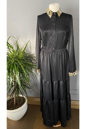 Taş Ve Boncuk Işlemeli Özel Tasarım Siyah Gömlek Elbise TYC00342785965