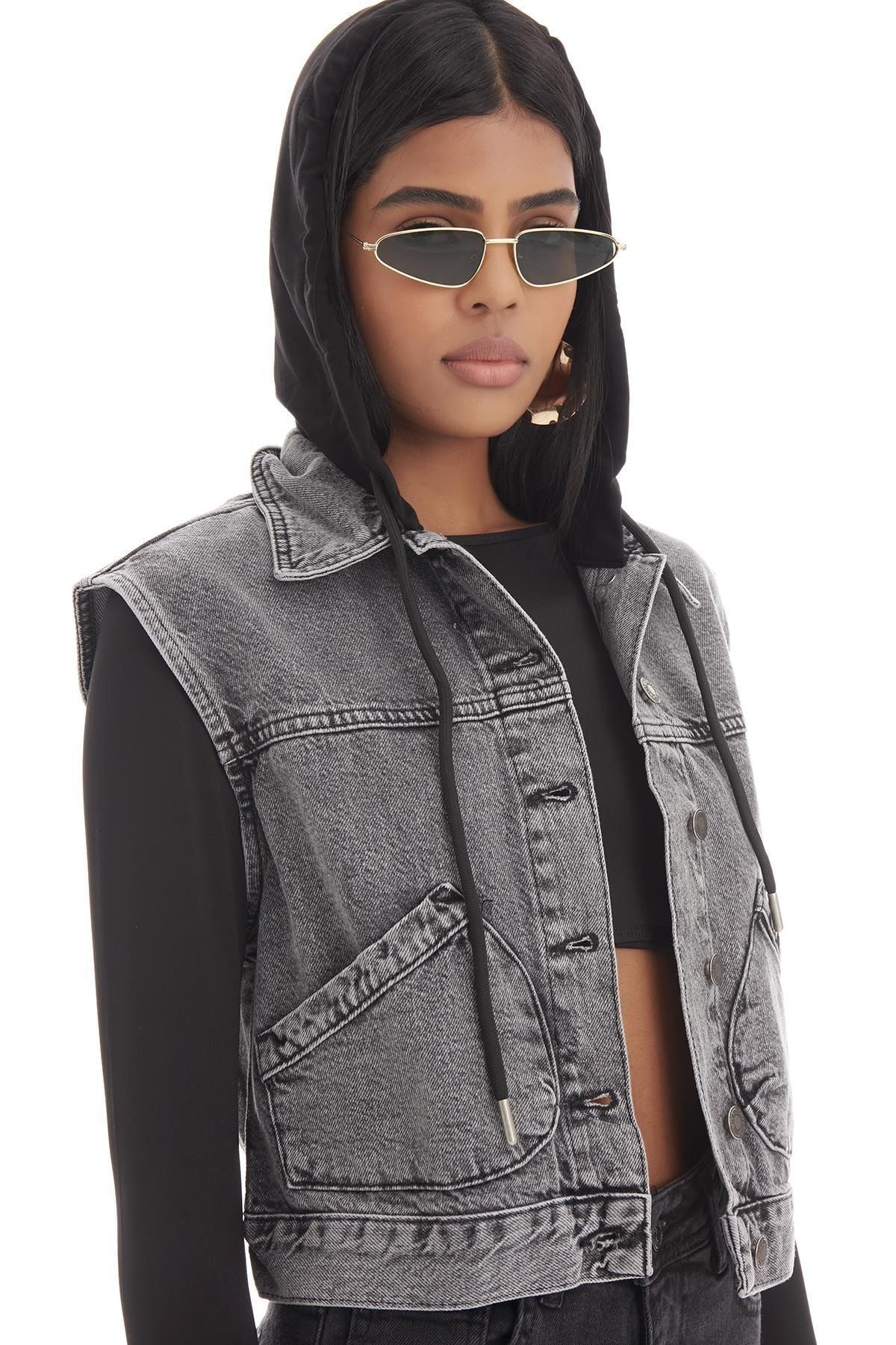 Womens black denim vest shop