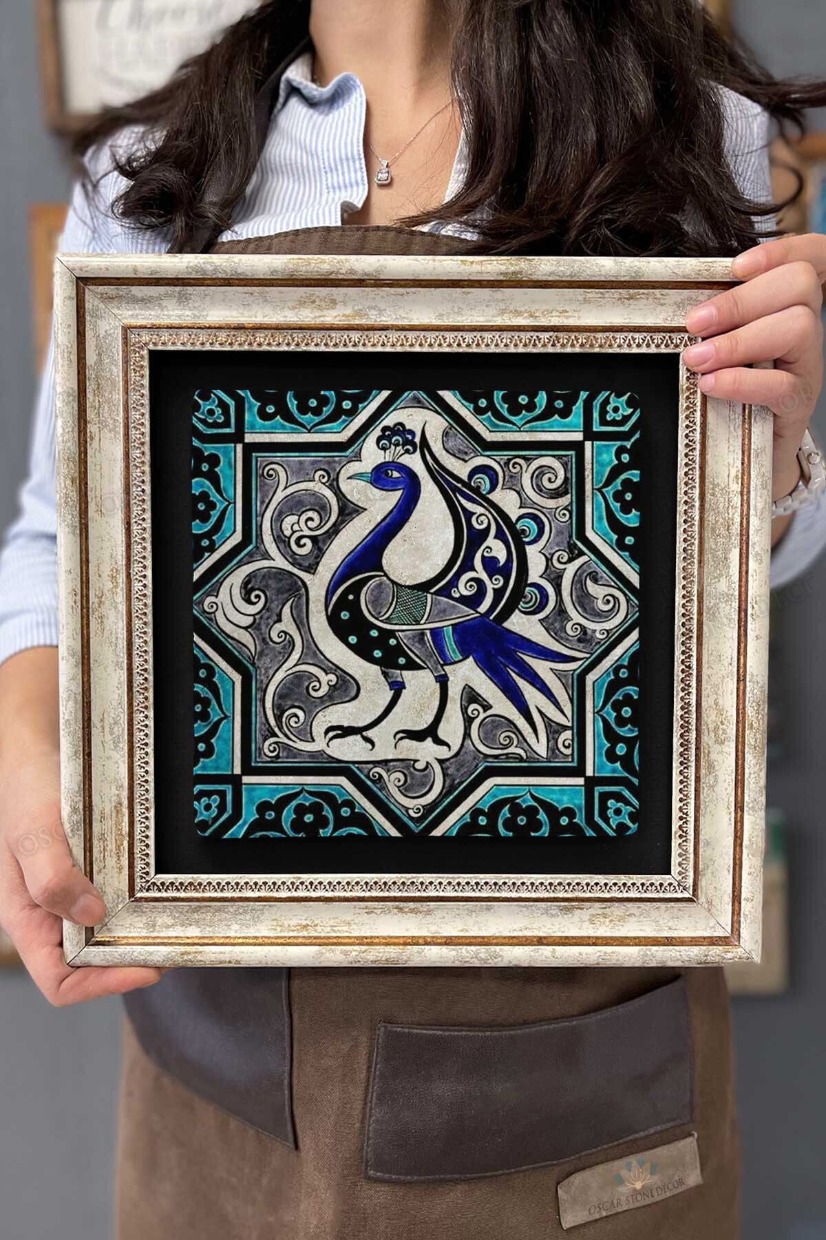 Framed Table Stone Wall Decor 30 X 30 Cm Peacock Tile Ceramic