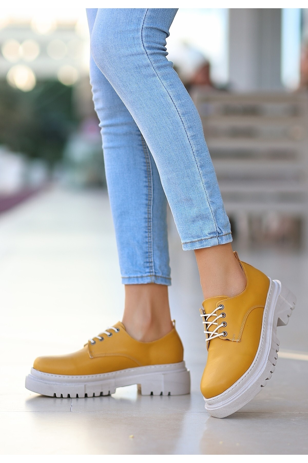 Kadın Teri Hardal Cilt Bağcıklı Ayakkabı