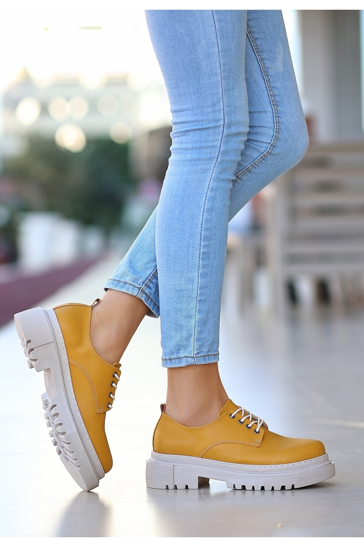 Kadın Teri Hardal Cilt Bağcıklı Ayakkabı