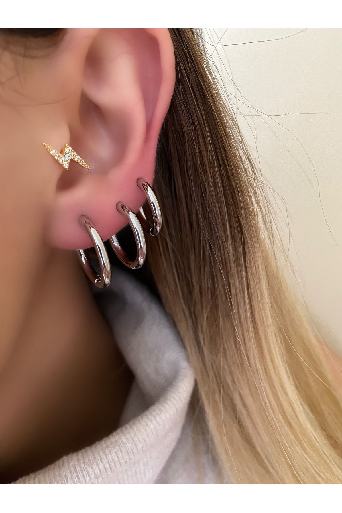 Lucky Designs Silver Steel Anti tarnish Plate Triple Hoop Set Earrings