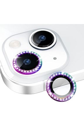Apple Iphone 13 Taşlı Tasarım Temperli Cam Kamera Lens Koruyucu - Gökkuşağı