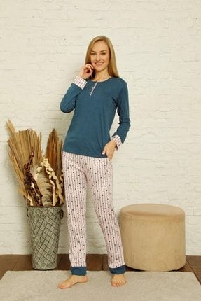 Kadın Yıldız Desen Düğmeli Pamuklu Mevsimlik Uzun Kol Pijama Takımı 26YLDZ