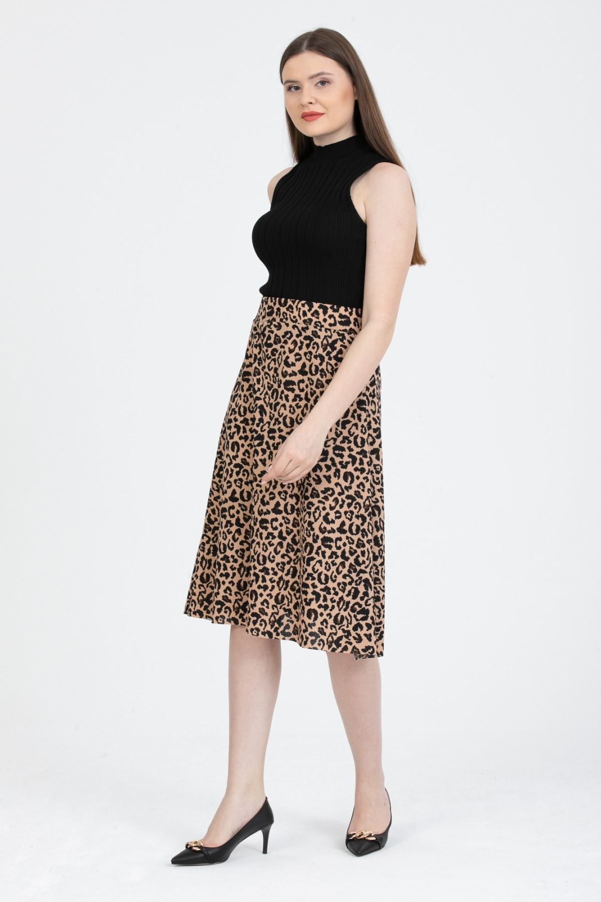 Gül Moda-Flared Midi Skirt with Elastic Waist Leopard Pattern G102-3 4