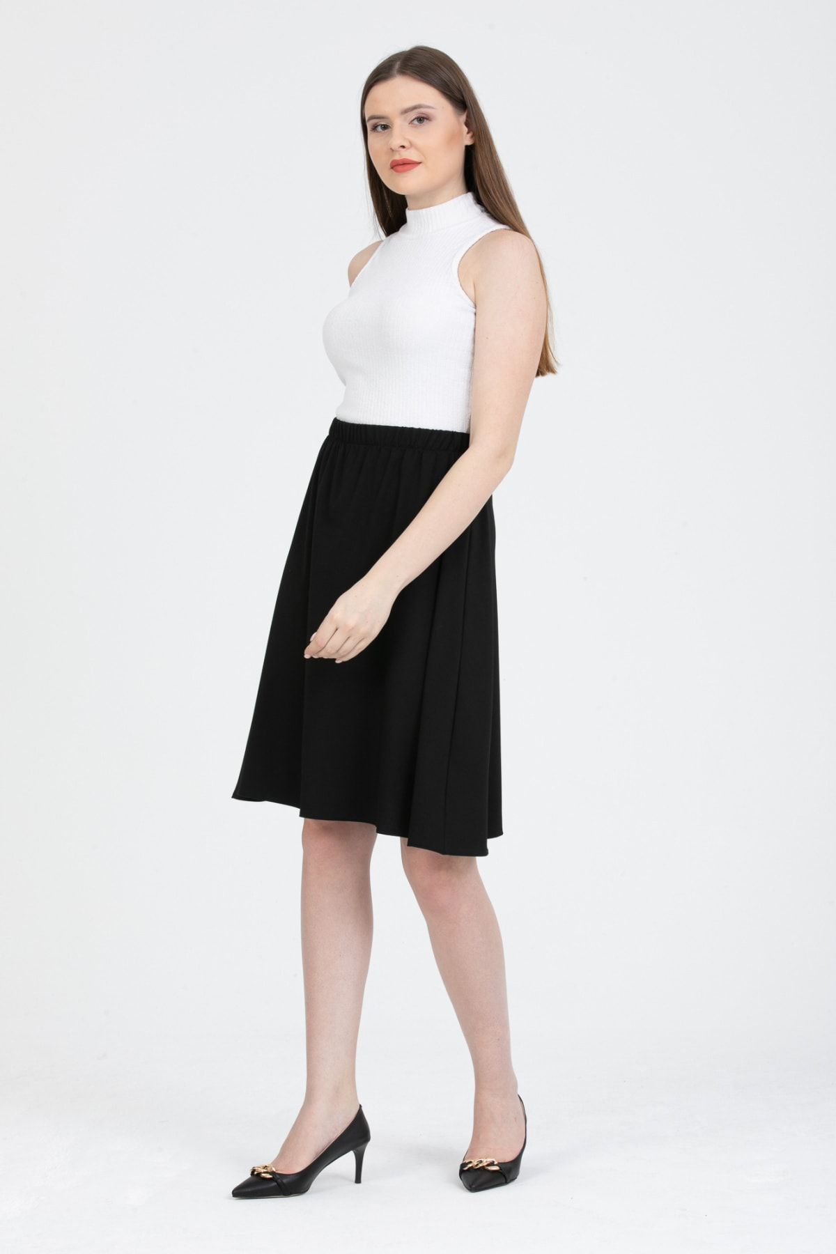 Gül Moda-Fusta midi evazată cu talie elastică negru simplu G102-4 7