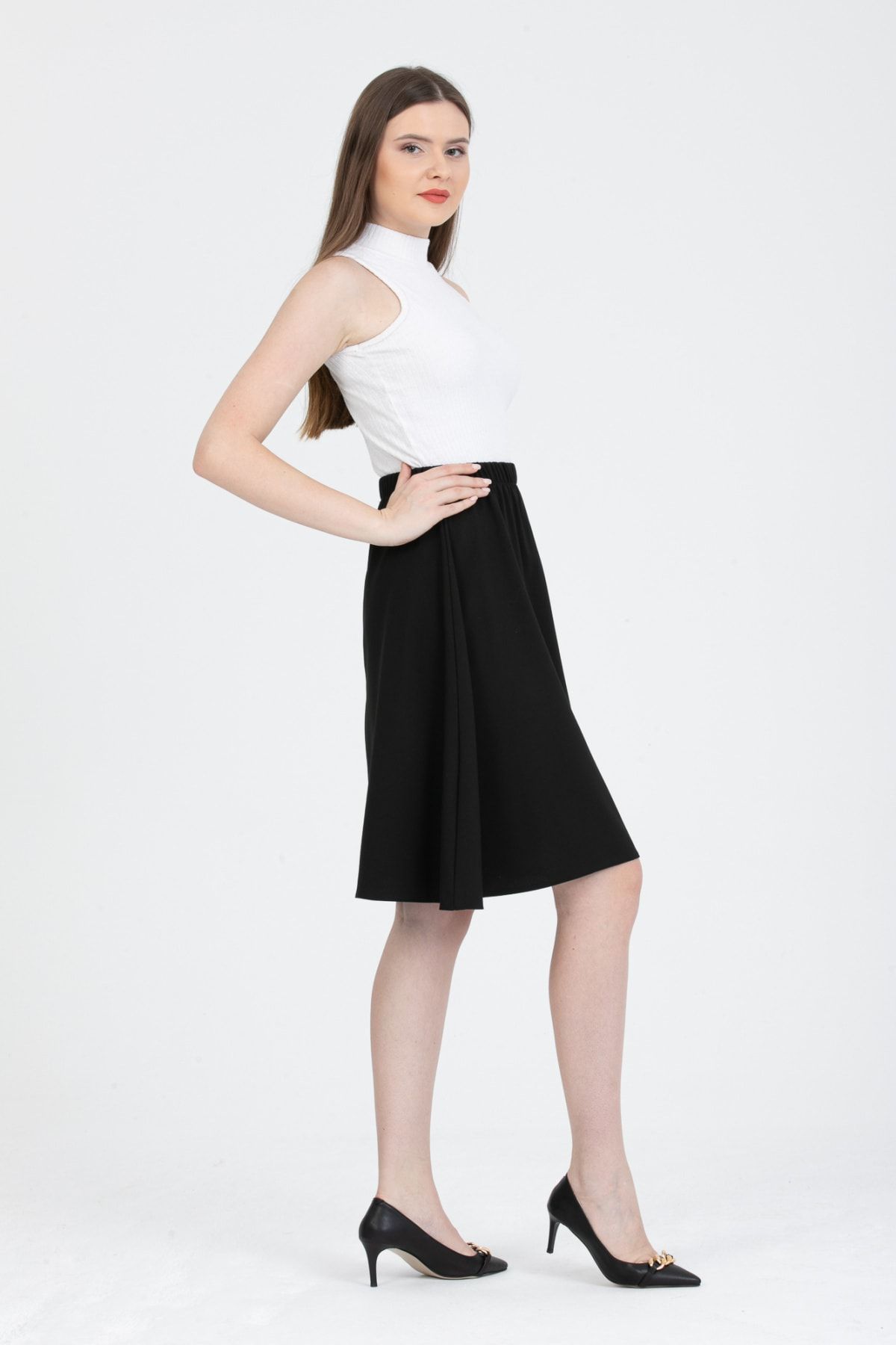 Gül Moda-Fusta midi evazată cu talie elastică negru simplu G102-4 8