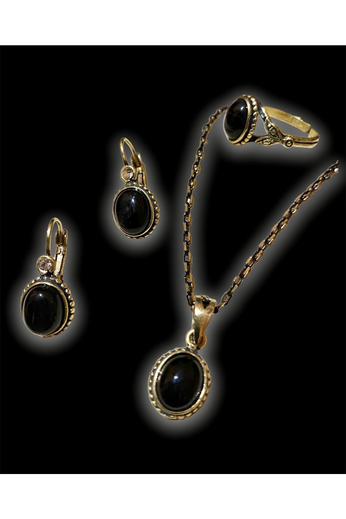 kapris concept El Yapımı Antialerjik Bakır&doğal Taş Üçlü Kolye,küpe,yüzük Set (onix&kedigözü)