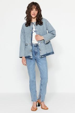 Trendyol Modest Mavi Oversize Denim Yıkamalı Likrasız Kot Ceket TCTSS23CK00046
