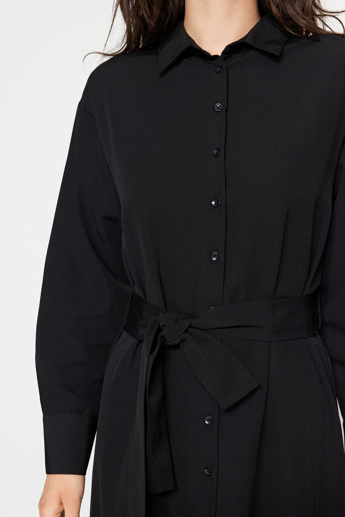 Trendyol Modest-Černý pásek s manžetou a manžetou, bavlněné tkané košilové šaty Tctss23Eb00072 4