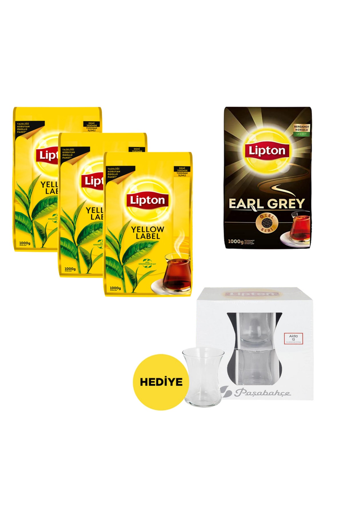 Lipton Yellow Label Dökme Çay 1 Kg 3 Adet + Earl Grey Dökme 1 Kg + 12'li Aida Çay Bardağı