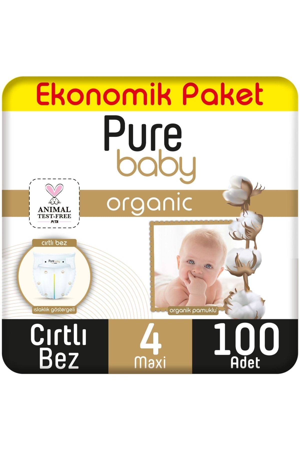 Pure Baby Organik Pamuklu Cırtlı Bez Ekonomik Paket 4 Numara Maxi 100 Adet