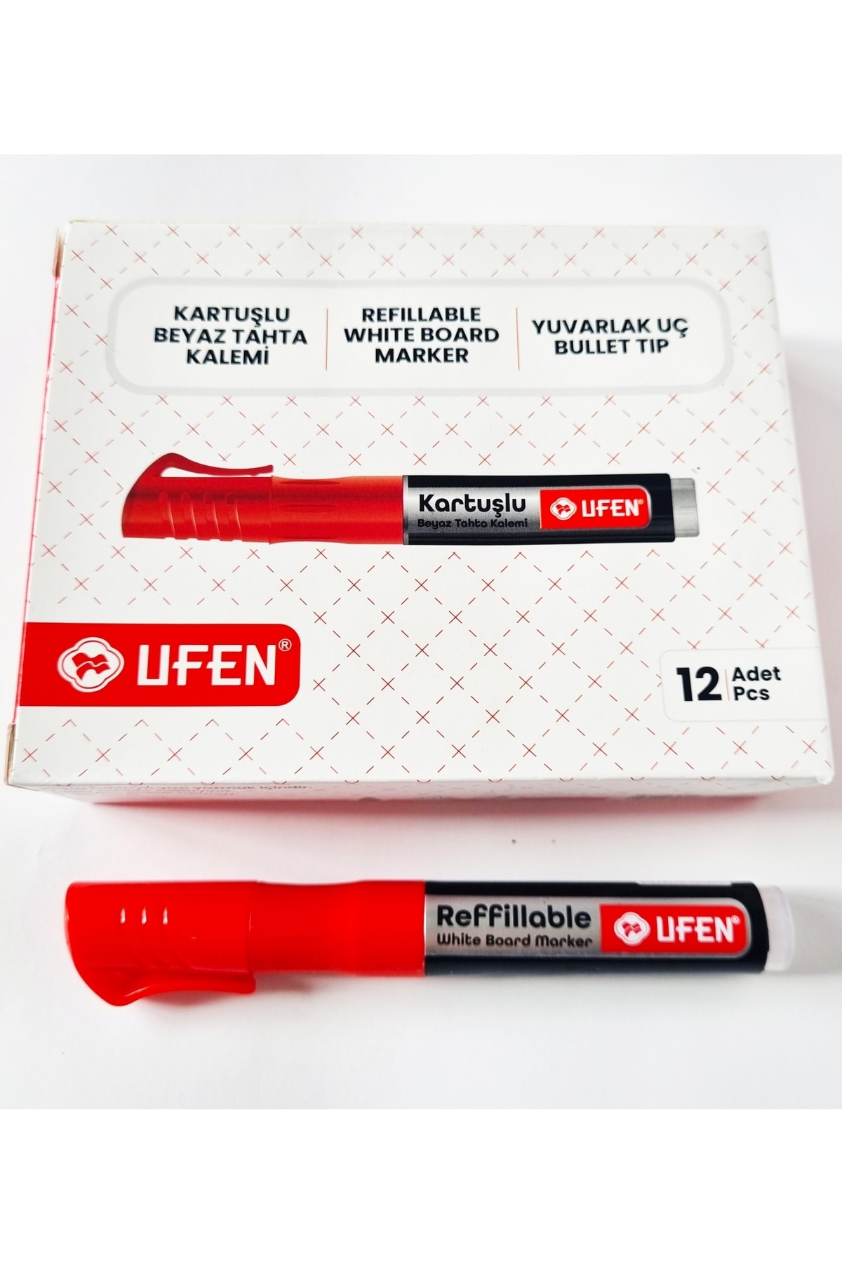 Modellino 12'li Her Marka Kartuşla Uyumlu Kartuşlu Beyaz Tahta Kalemi Ufen - Kırmızı
