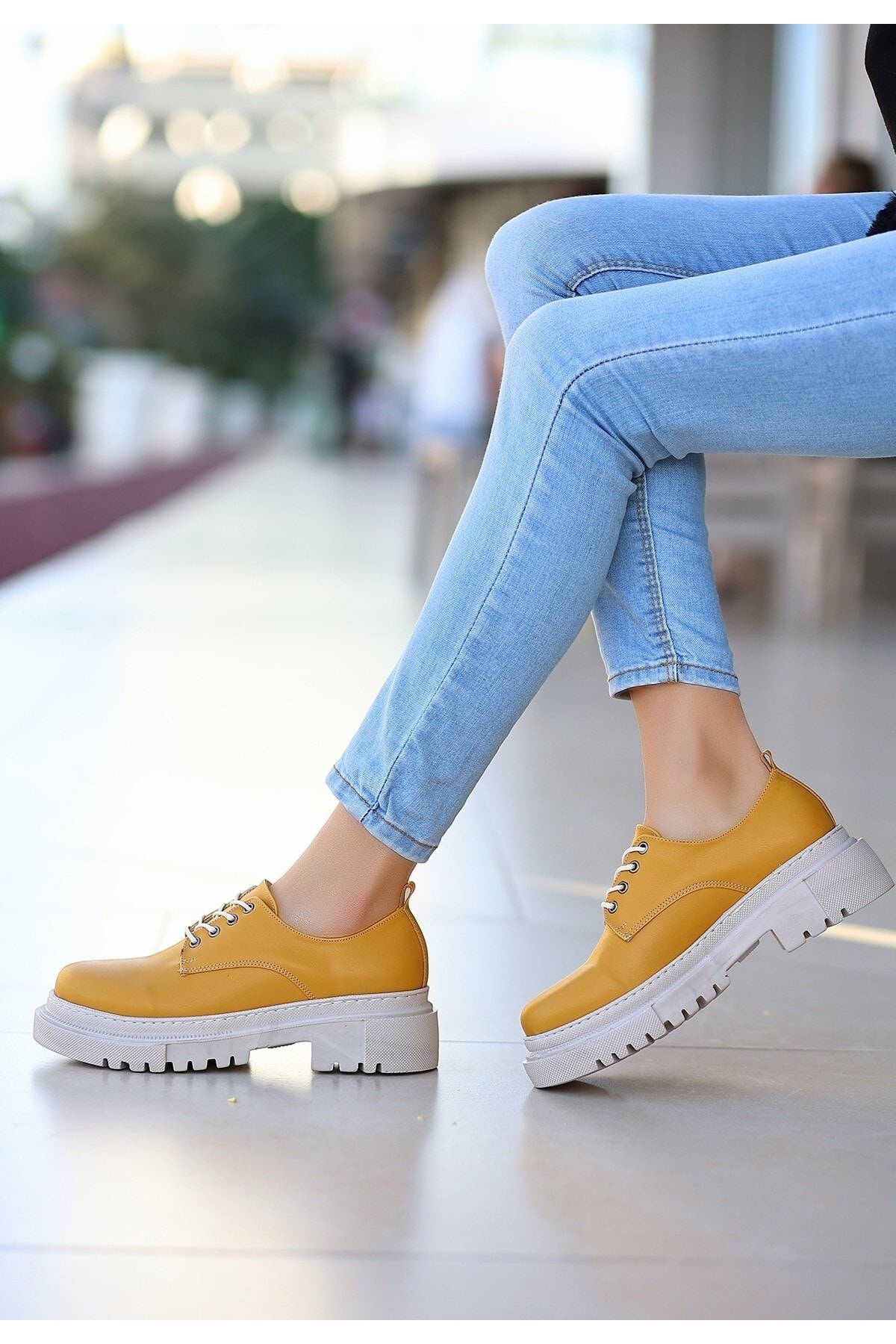 Kadın Teri Hardal Cilt Bağcıklı Ayakkabı