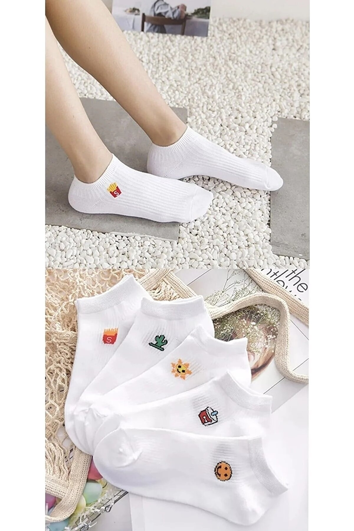 Meguca Socks Kadın Beyaz Eğlenceli Desenli Patik Çorap Seti 5 Çift