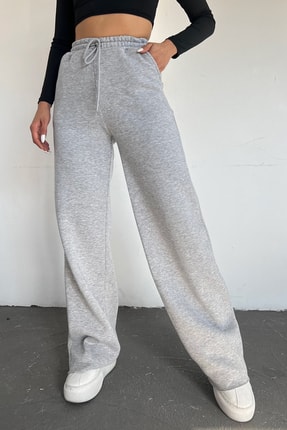 Eva Sunset Kadın Gri Içi Polarlı Kışlık Yüksek Bel Bol Paça Eşofman Altı