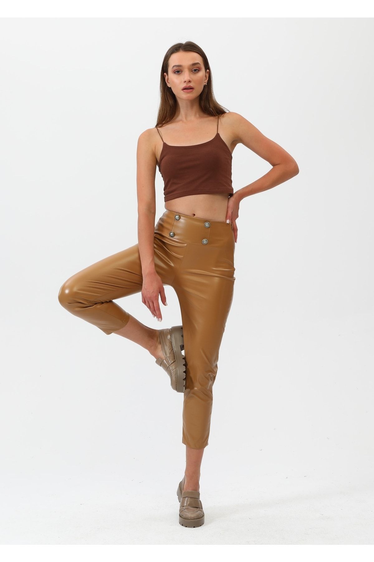OUZ Fashion-Women's Faux Leather Four Button Pants 2