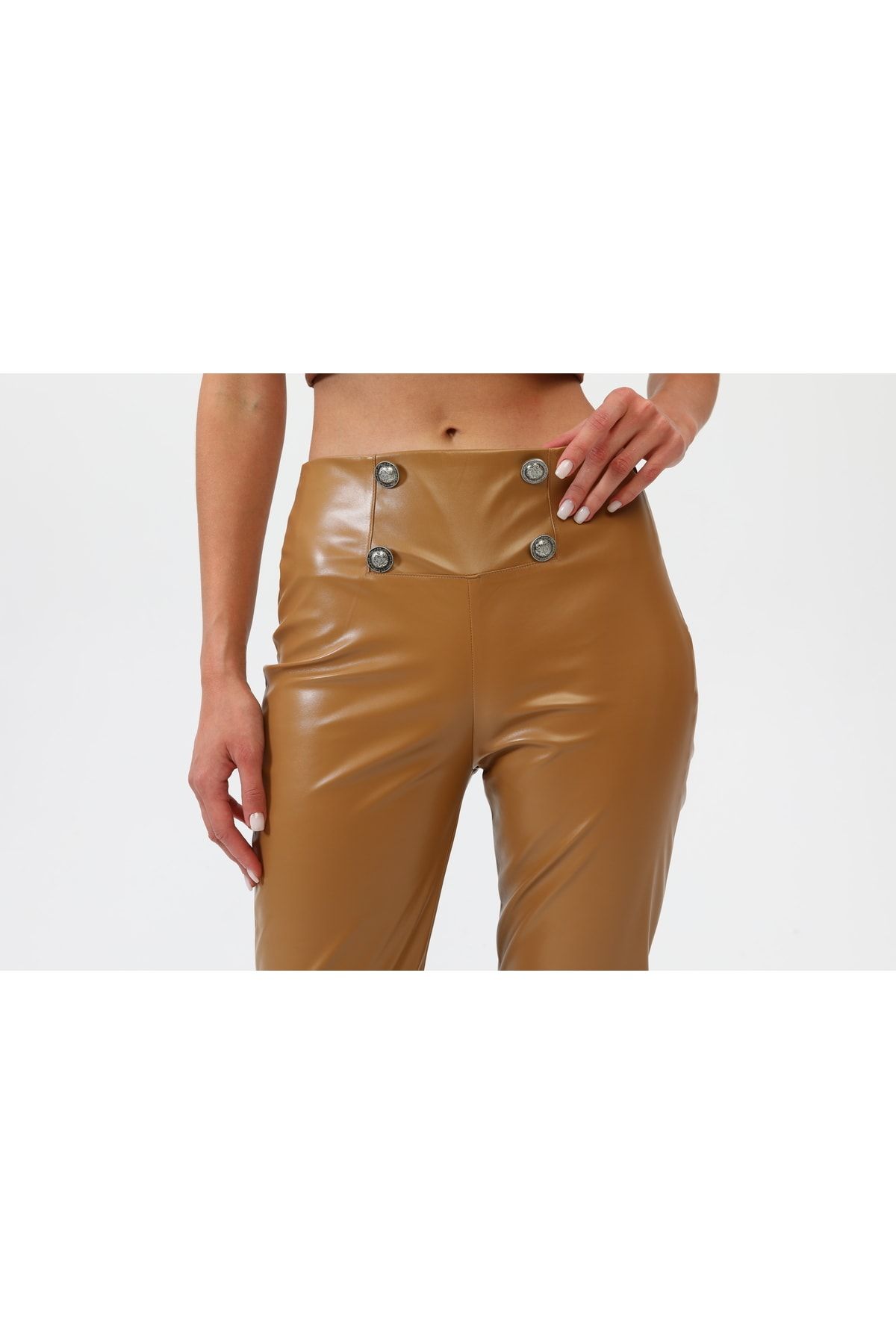 OUZ Fashion-Women's Faux Leather Four Button Pants 3
