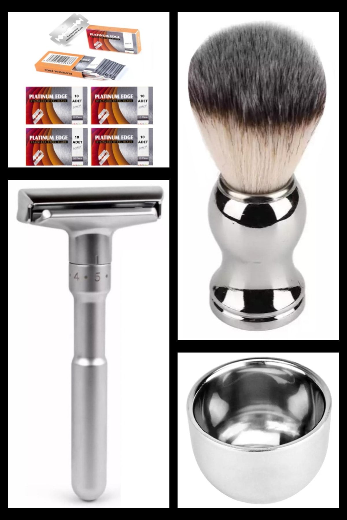 Qualis Q7 Ayarlanabilir Full Metal Tıraş Makinesi + F10 Fırça + Kase + 40'lı Jilet