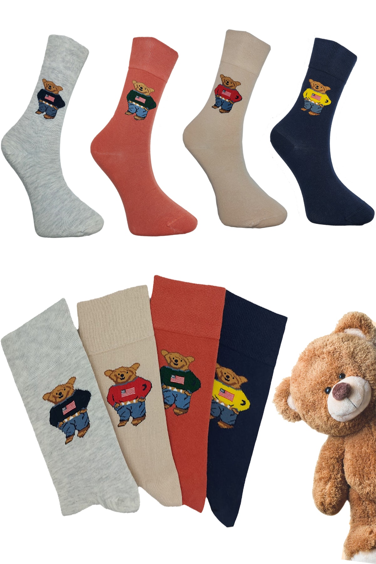 Meguca Socks Unisex Renkli Teddy Bear Çorap Seti 4 Çift
