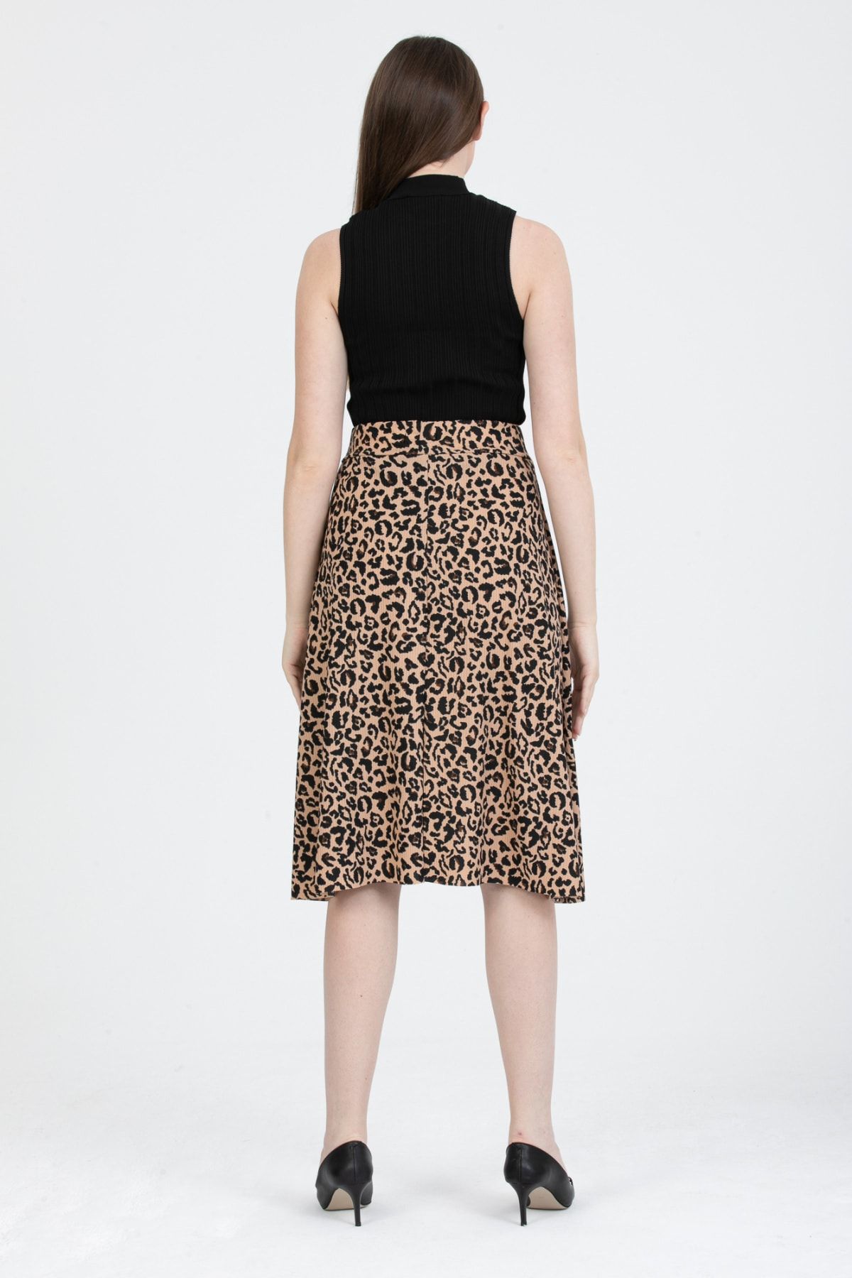 Gül Moda-Flared Midi Skirt with Elastic Waist Leopard Pattern G102-3 8