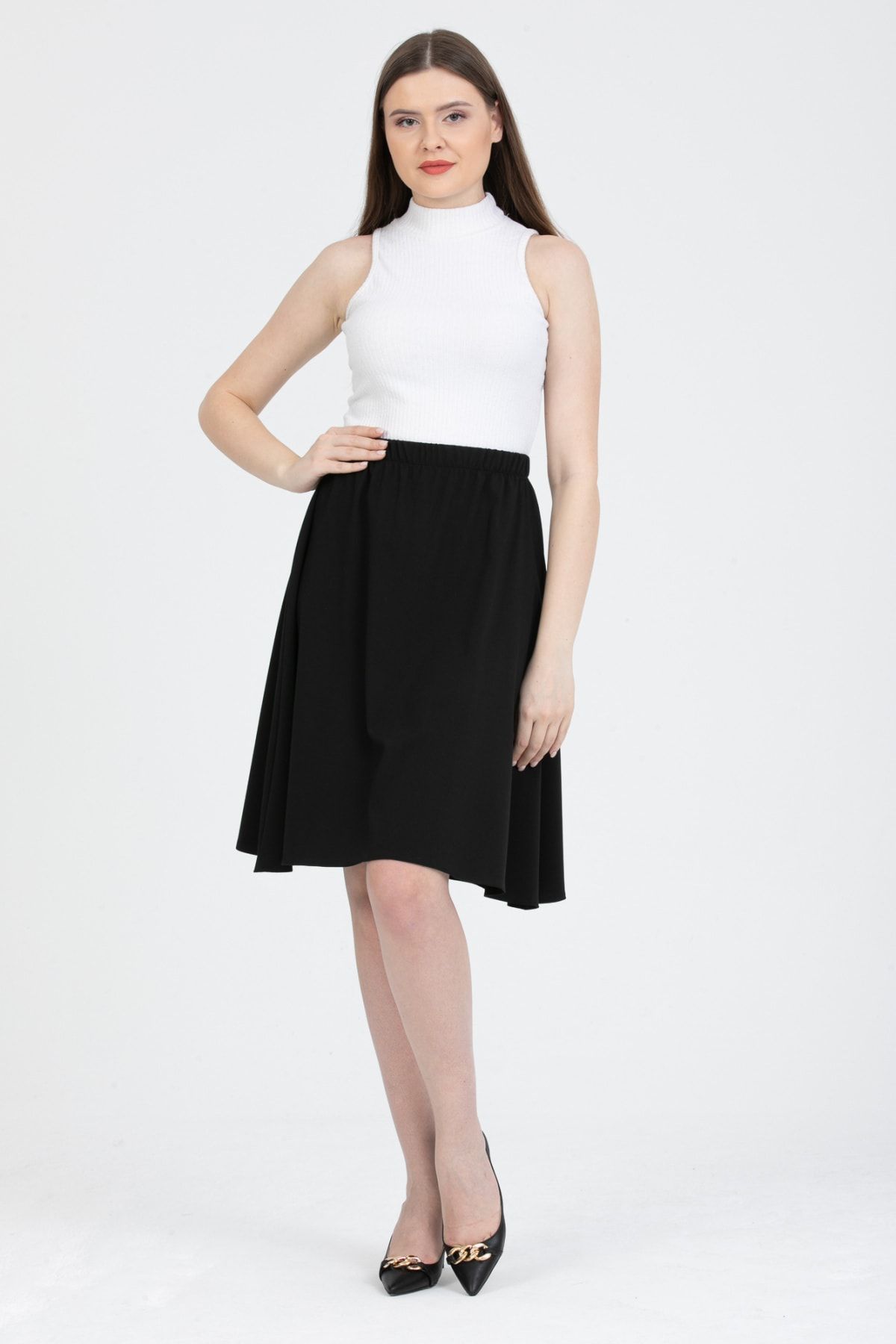 Gül Moda-Fusta midi evazată cu talie elastică negru simplu G102-4 3