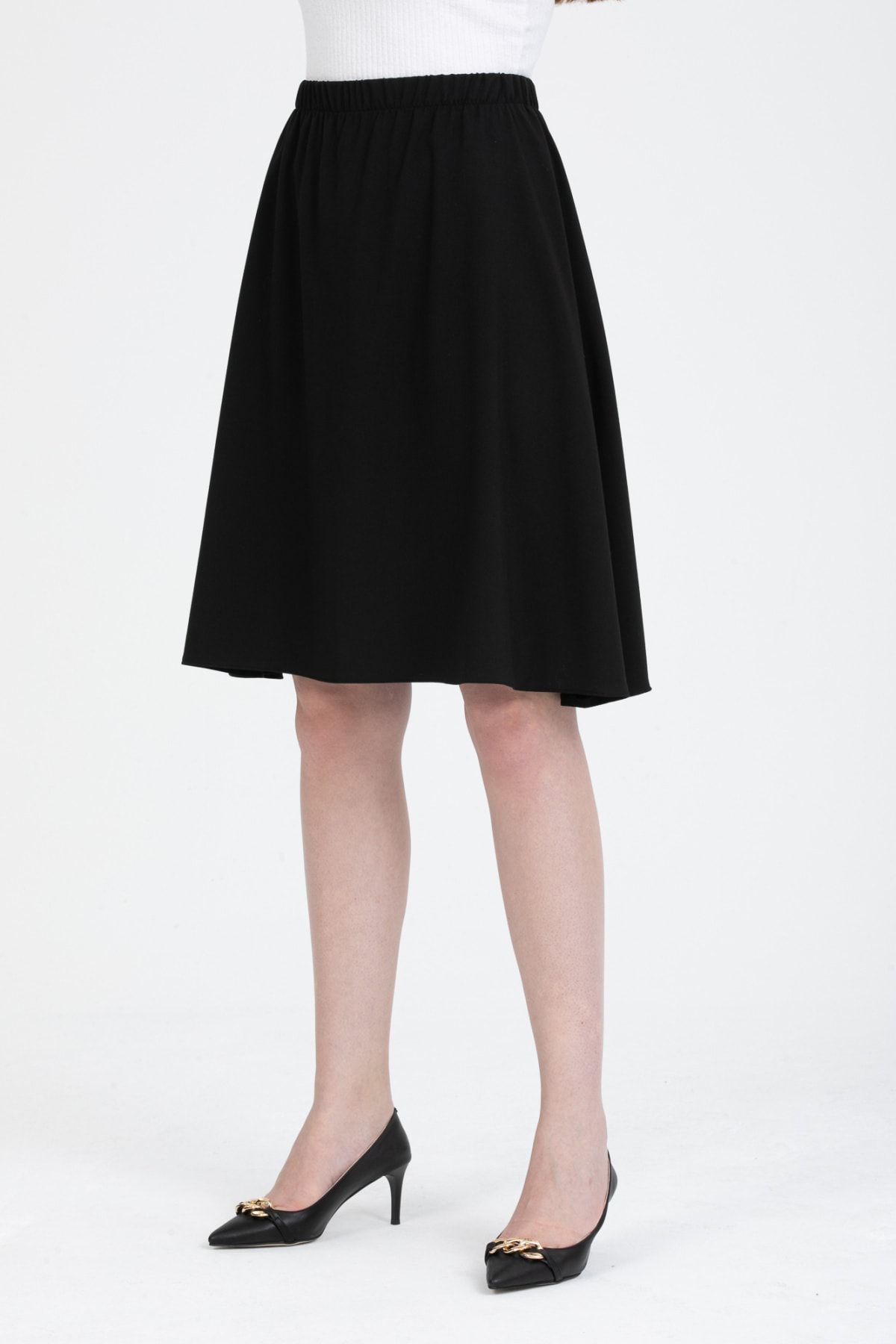 Gül Moda-Fusta midi evazată cu talie elastică negru simplu G102-4 4