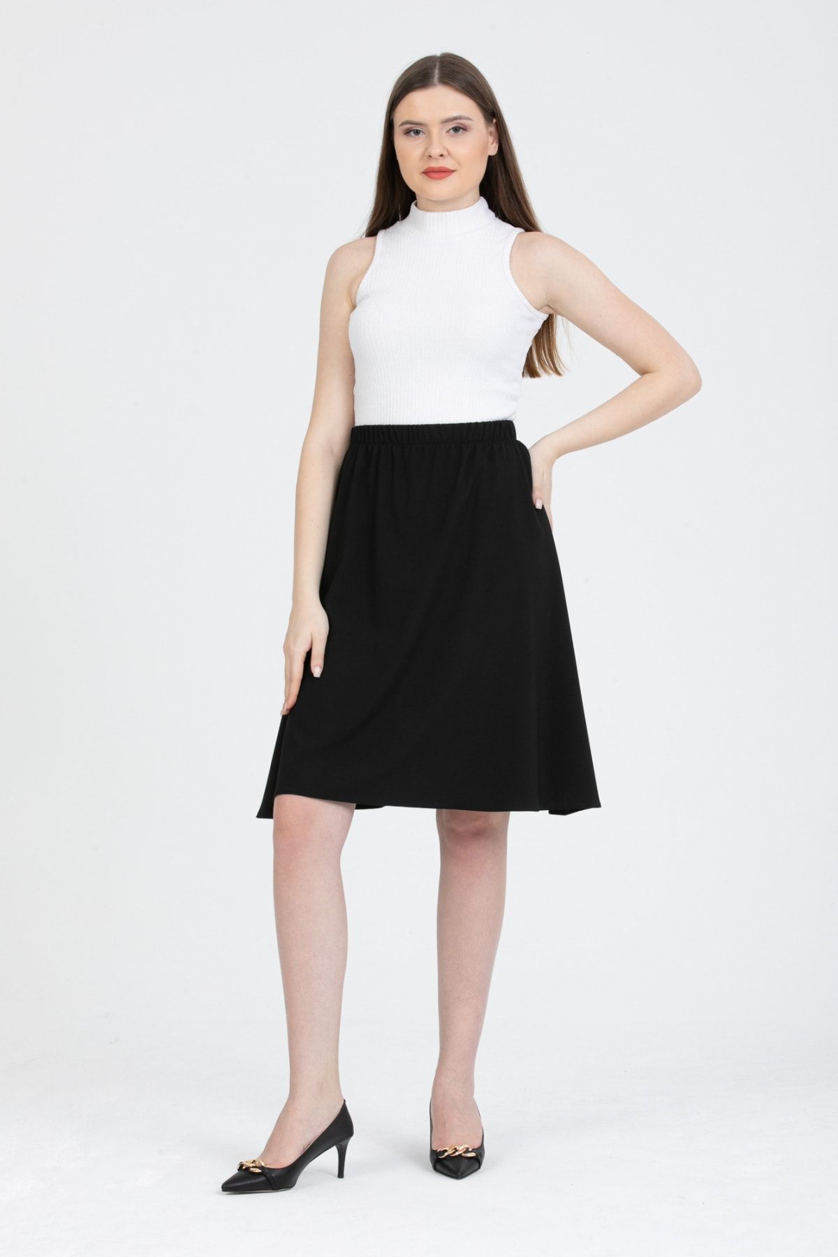 Gül Moda-Fusta midi evazată cu talie elastică negru simplu G102-4 6