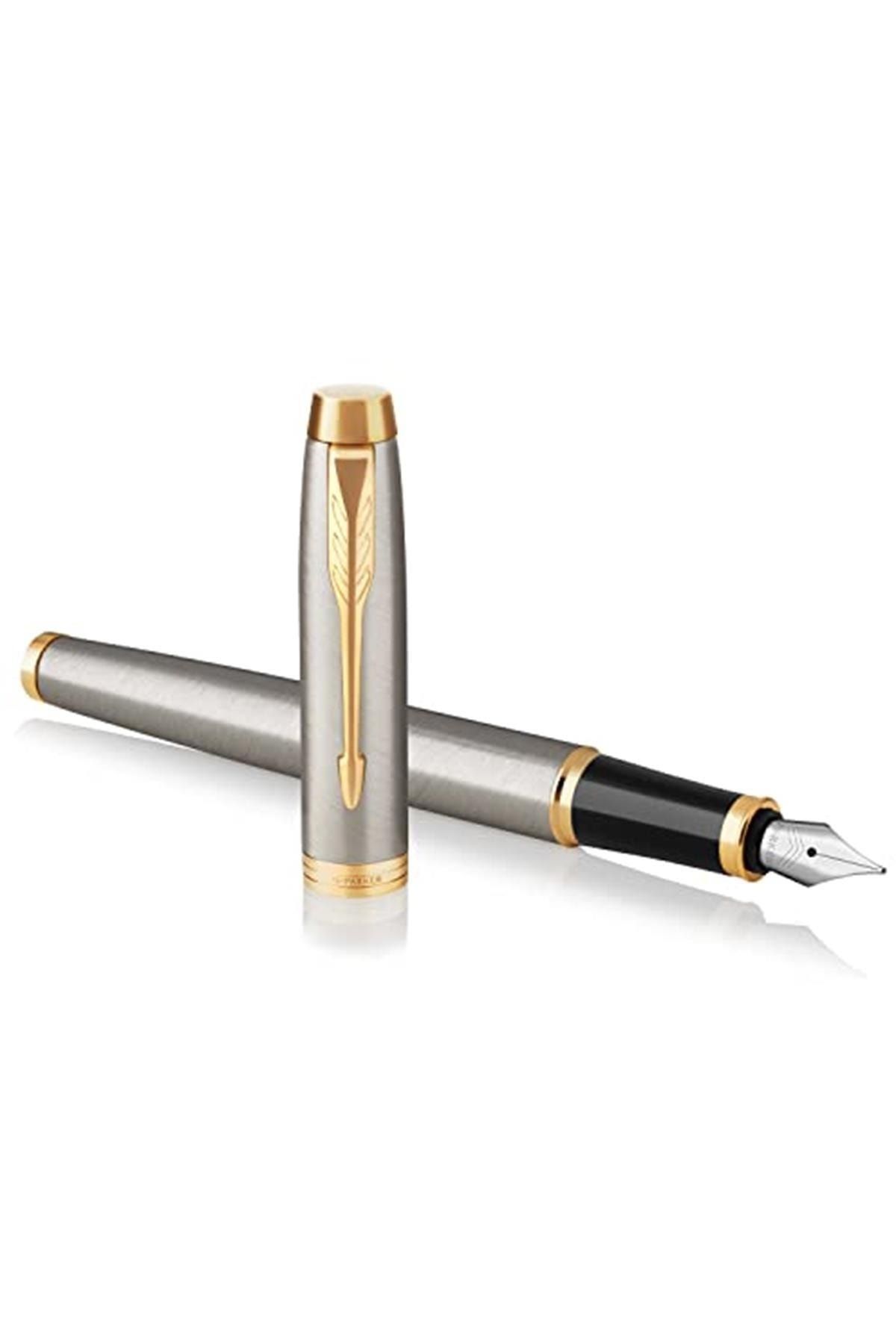 Parker Im Brushed Metal Altın Tasarımlı Dolma Kalem, Orta Kalınlıkta Uç, Mavi Mürekkep (1931656)