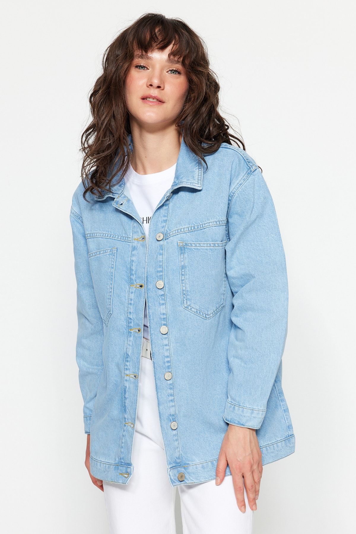 TRENDYOL MODEST Light Blue Regular Fit Denim Jeans Jacket