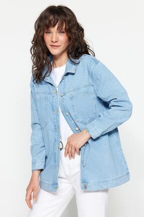 Trendyol Modest A&ccedil;ık Mavi Regular Fit Denim Kot Ceket TCTSS23CK00026