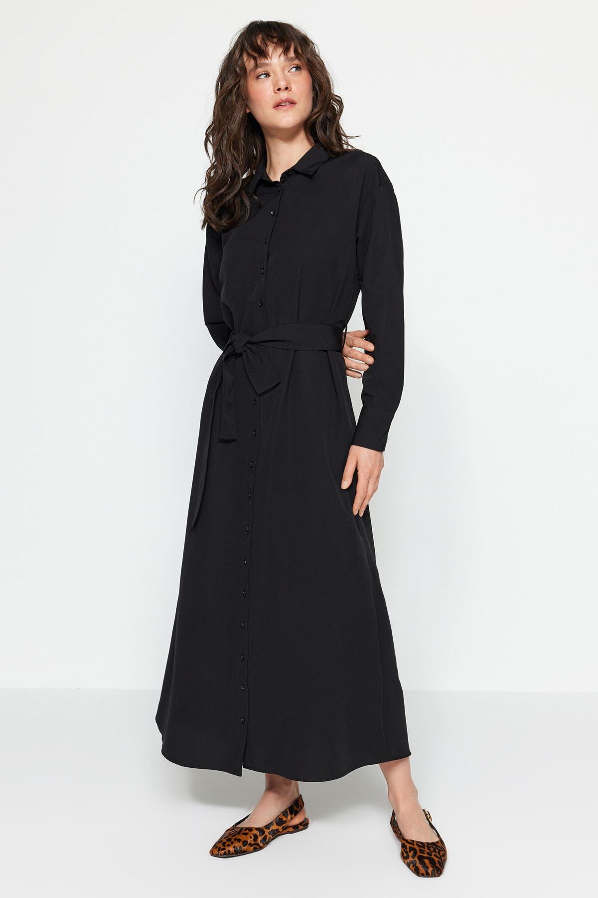 Trendyol Modest-Černý pásek s manžetou a manžetou, bavlněné tkané košilové šaty Tctss23Eb00072 6