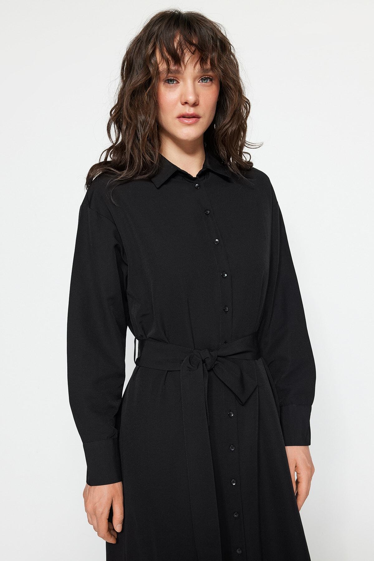 Trendyol Modest-Černý pásek s manžetou a manžetou, bavlněné tkané košilové šaty Tctss23Eb00072 3
