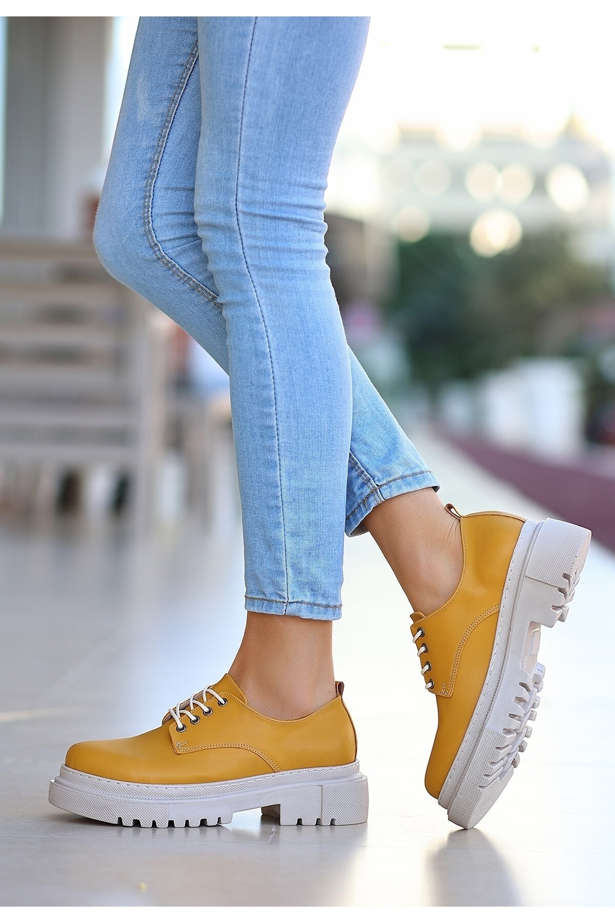 Kadın Teri Hardal Cilt Bağcıklı Ayakkabı