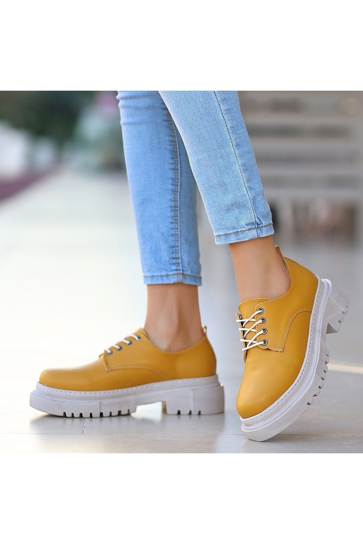 Kadın Teri Hardal Cilt Bağcıklı Ayakkabı