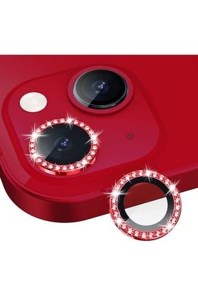 Apple Iphone 13 Taşlı Tasarım Temperli Cam Kamera Lens Koruyucu - Kırmızı
