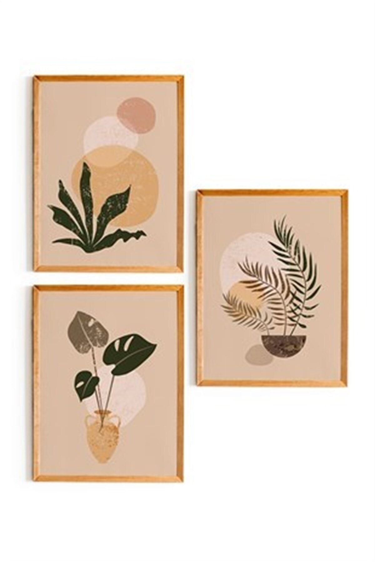 NT Handmade 3 Parça Ahşap Çerçeve Görünümlü Vintage Soyut Dekor - Salon Yatak Odası Mutfak Için Tablo Seti UX10574