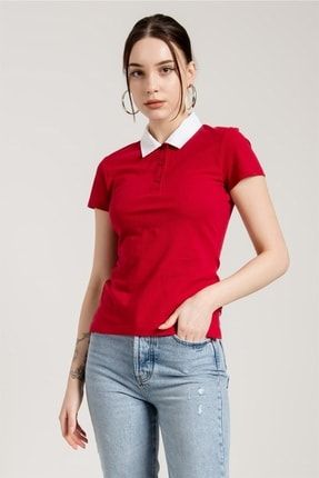 Kontrast Polo Yaka Kırmızı Kadın T-shirt 70077