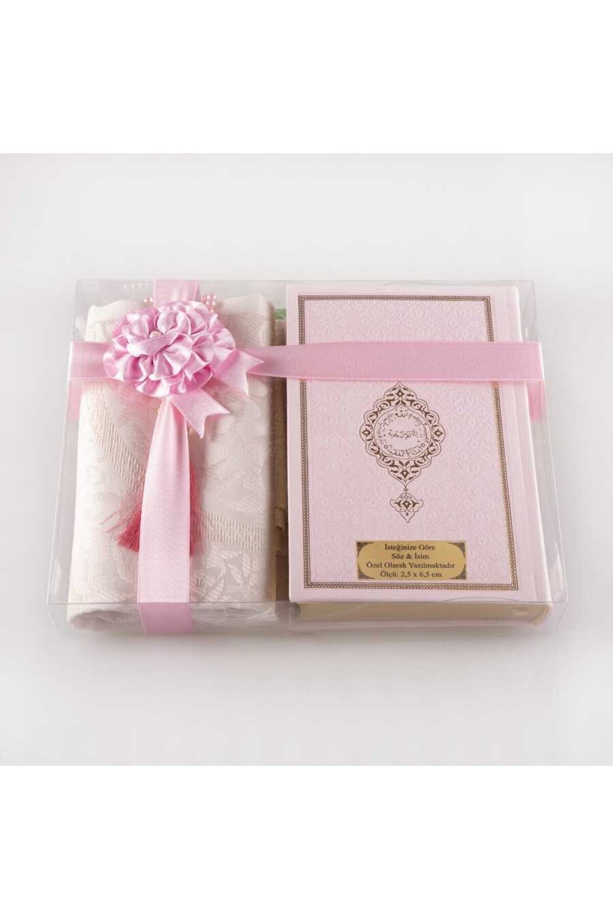 Prayer rug + Rosary + Quran Gift Set (bag Size, Powder Pink)
