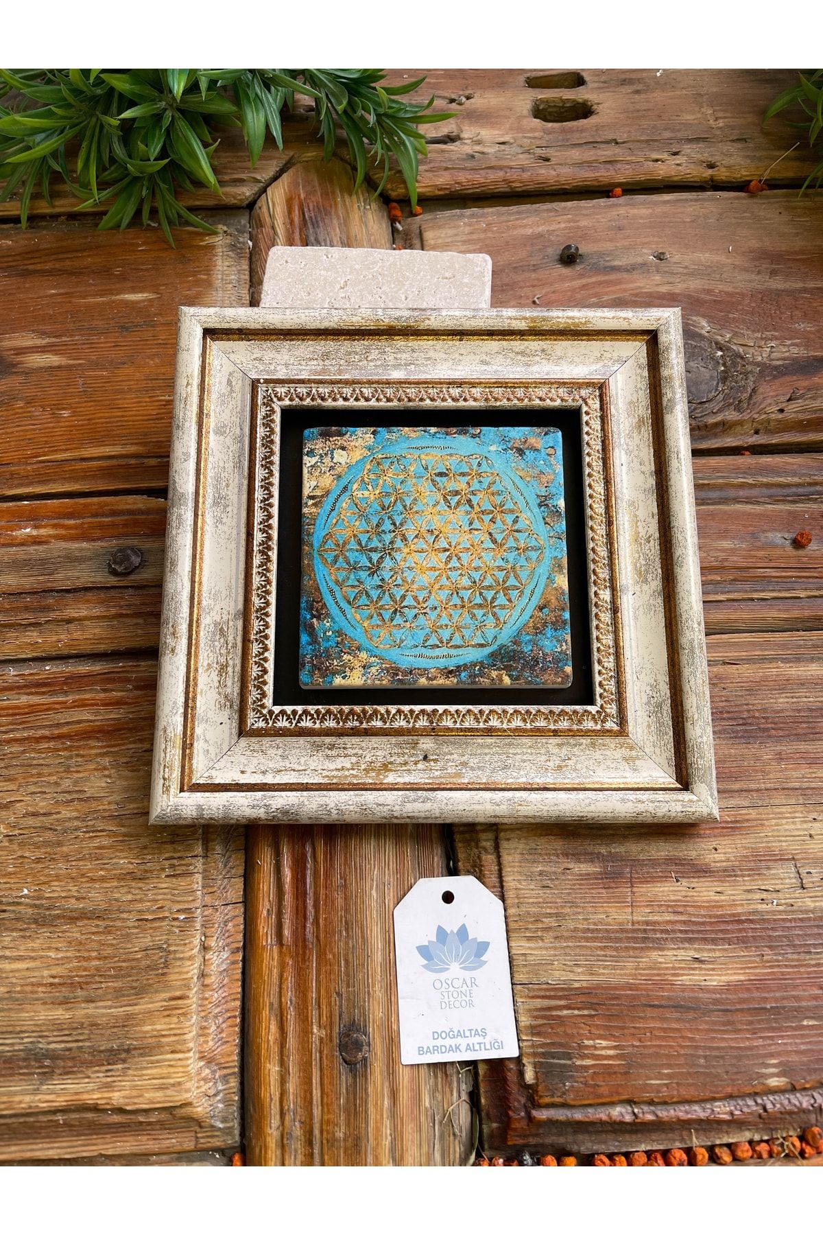 Oscar Stone Decor Yaşam Çiçeği Çerçeveli Taş Duvar Dekoru 20x20 Cm-wall Decor VB10026