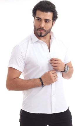 Süper Slim Fit Kısa Kollu Beyaz Erkek Gömlek ALTSMKK300-1