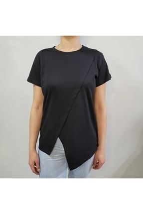Kadın Siyah Yuvarlak Yaka Kısa Kollu Tişört Eteği Asimetrik K-003