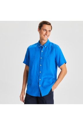Nautıca Erkek Mavi Classic Fit Kısa Kollu Keten Gömlek W01900T