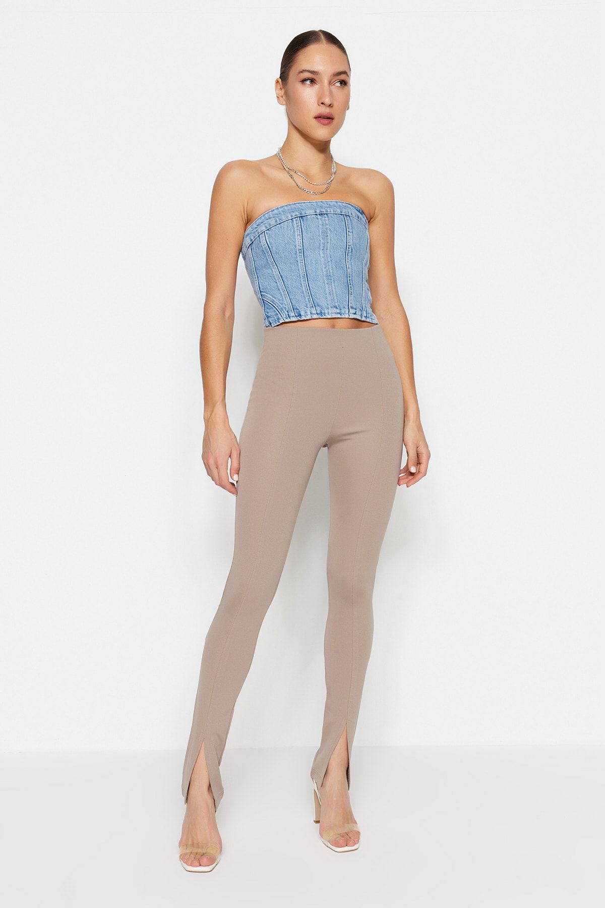 Trendyol Collection-Mink mandzsetta hasított magas derekú Interlock kötött leggings nadrág TWOAW21PL0263 3