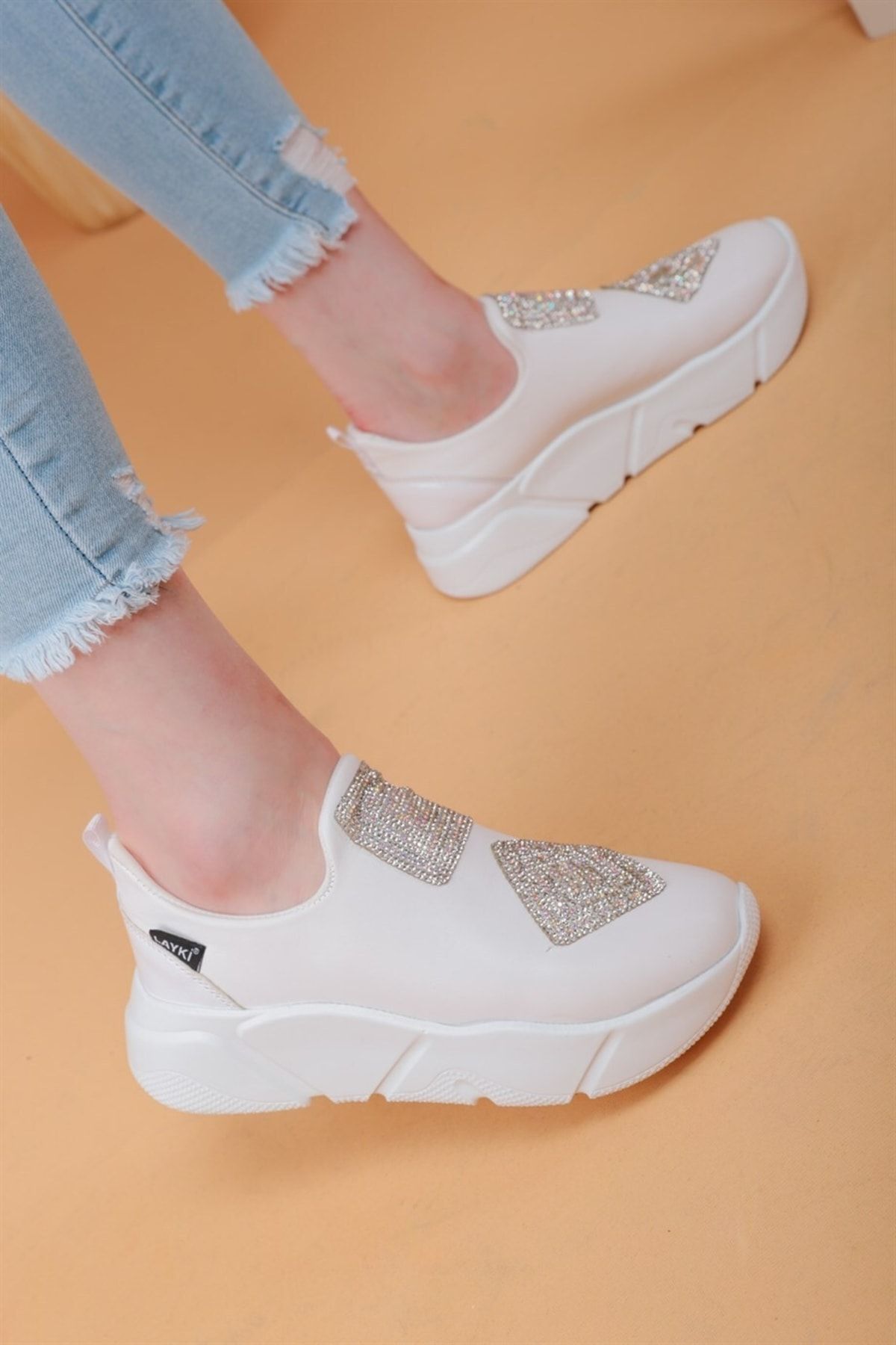 layki-Immobile White Color Front Shiny Stone Parachute Fabric Lux Women's Sneakers 2